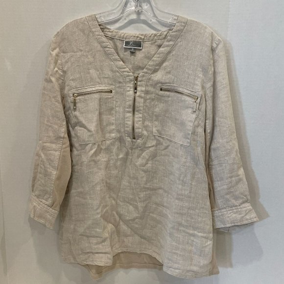 JM Collection V Neck Beige Linen Half Zip Quarter Sleeve Shirt Medium - Picture 1 of 7